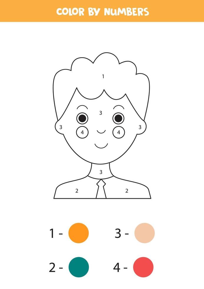 Color cute boy by numbers. Worksheet for kids. vector