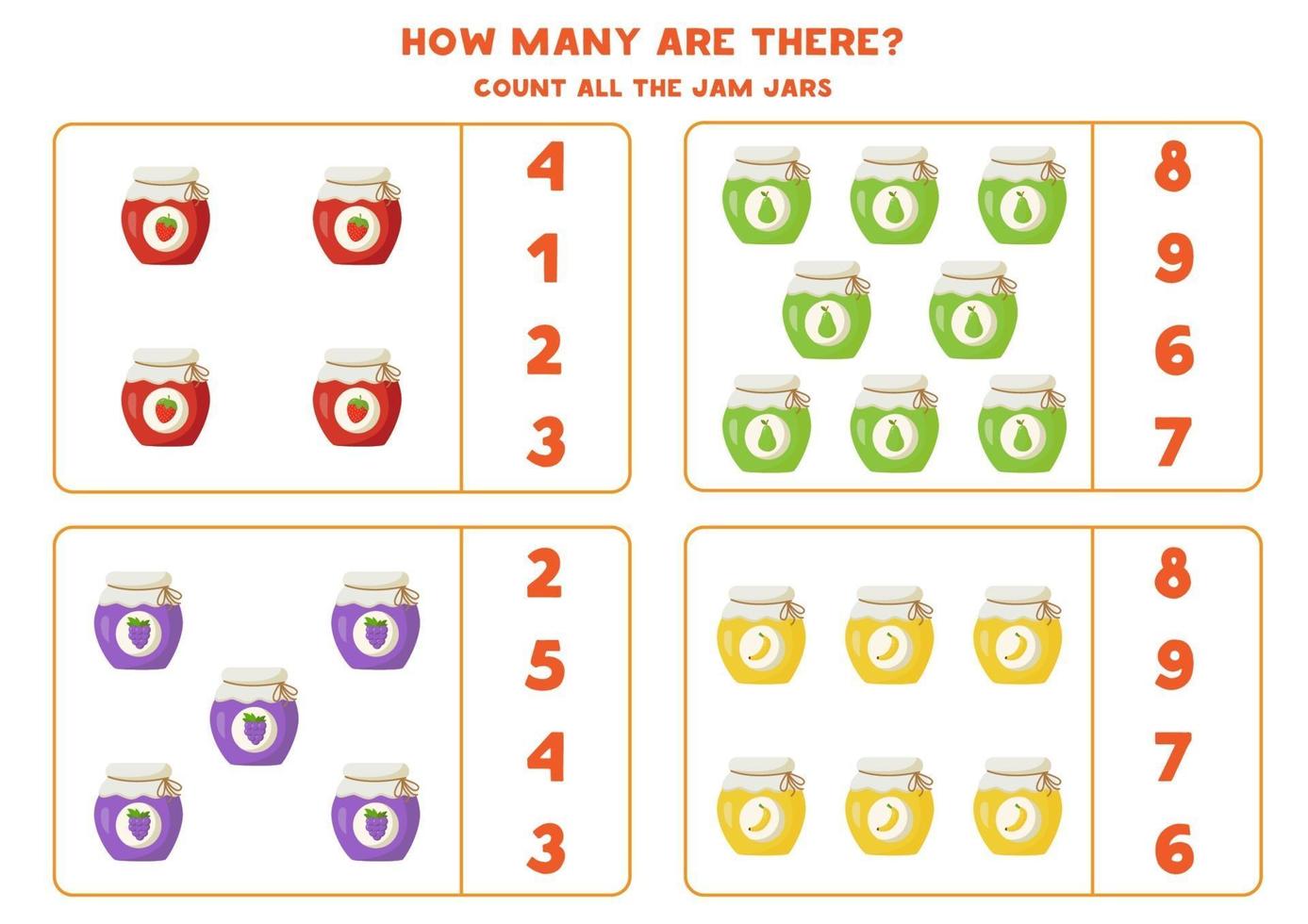 Counting game with jam jars. Math worksheet. vector