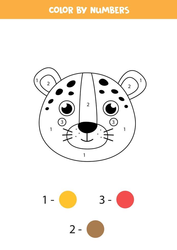 Color cute leopard face by numbers. Worksheet for kids. vector