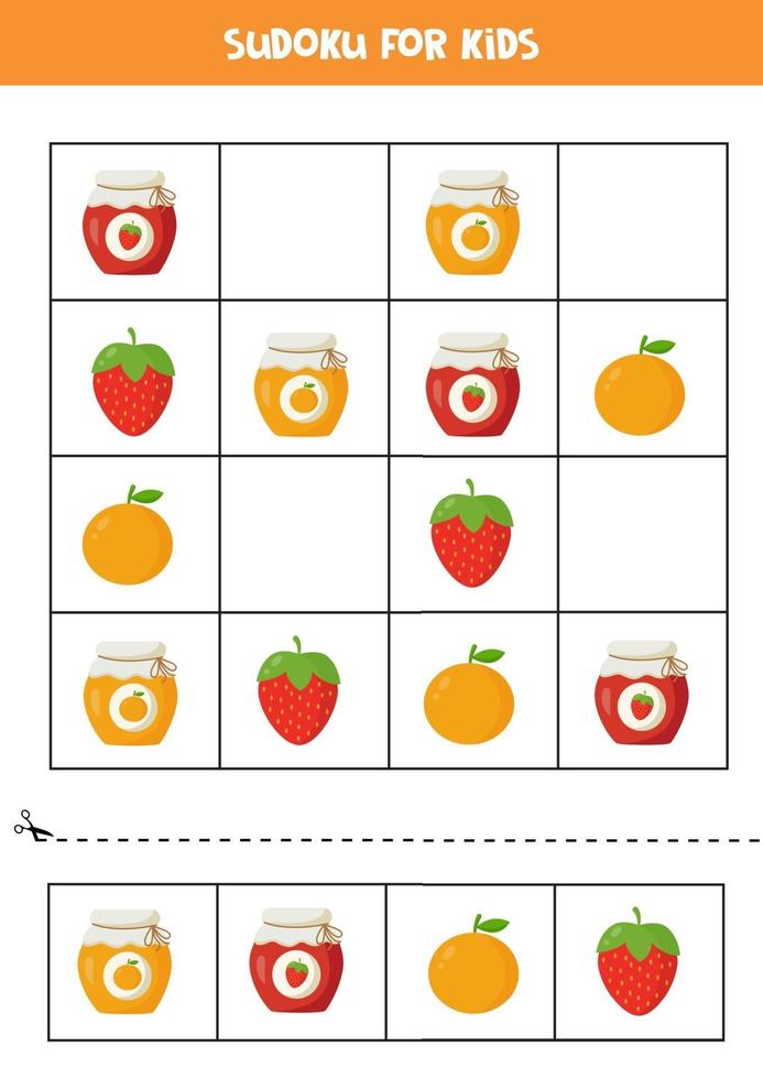 juego de sudoku con coloridos frascos de mermelada con frutas. vector