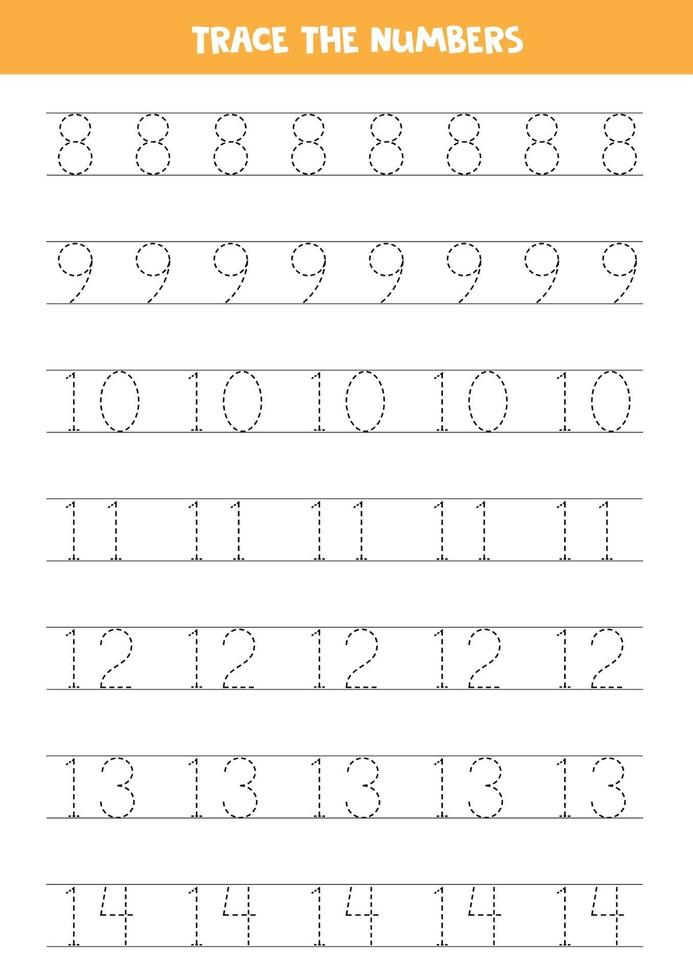 Tracing numbers from eight to fourteen. Writing practice. vector