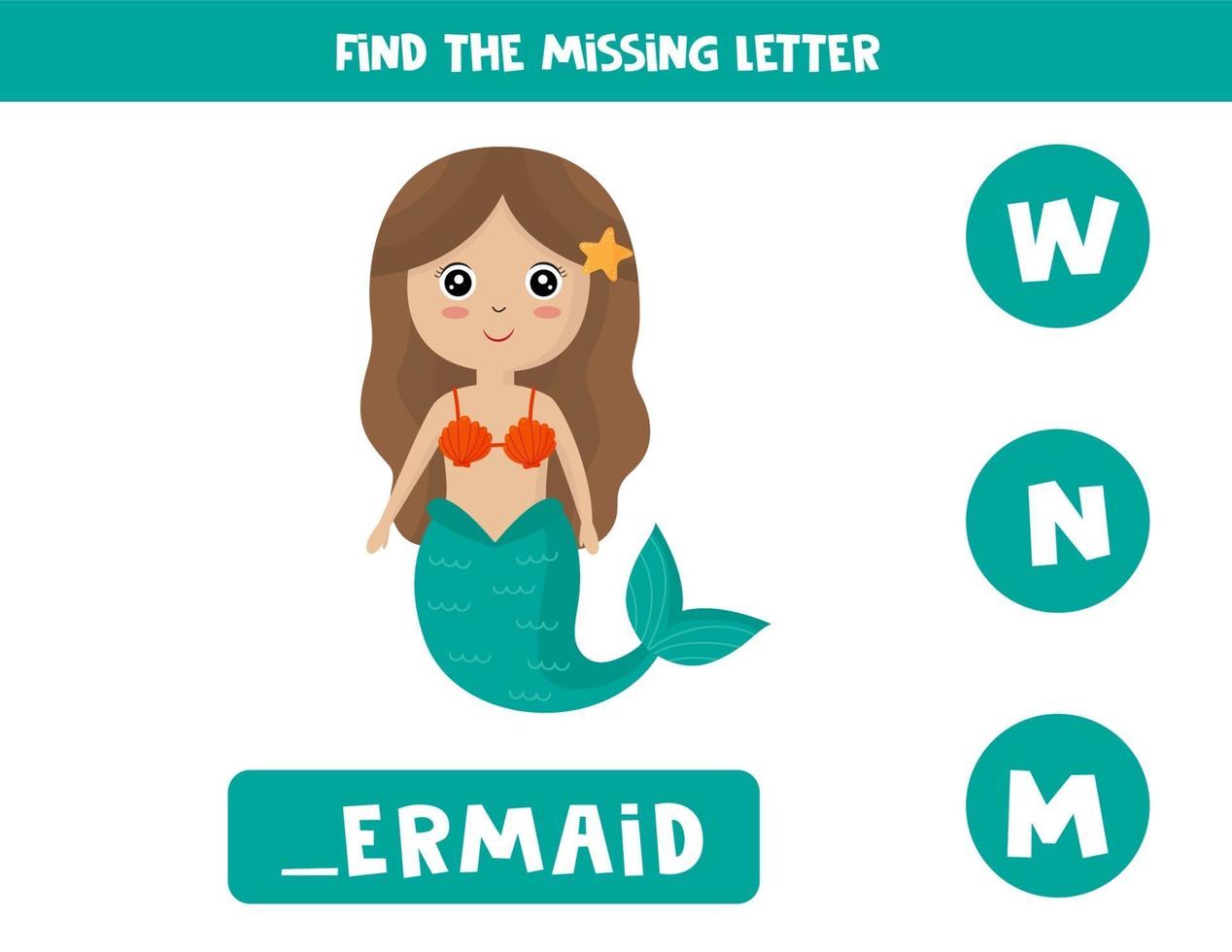 Find missing letter with cute mermaid. Spelling worksheet. vector