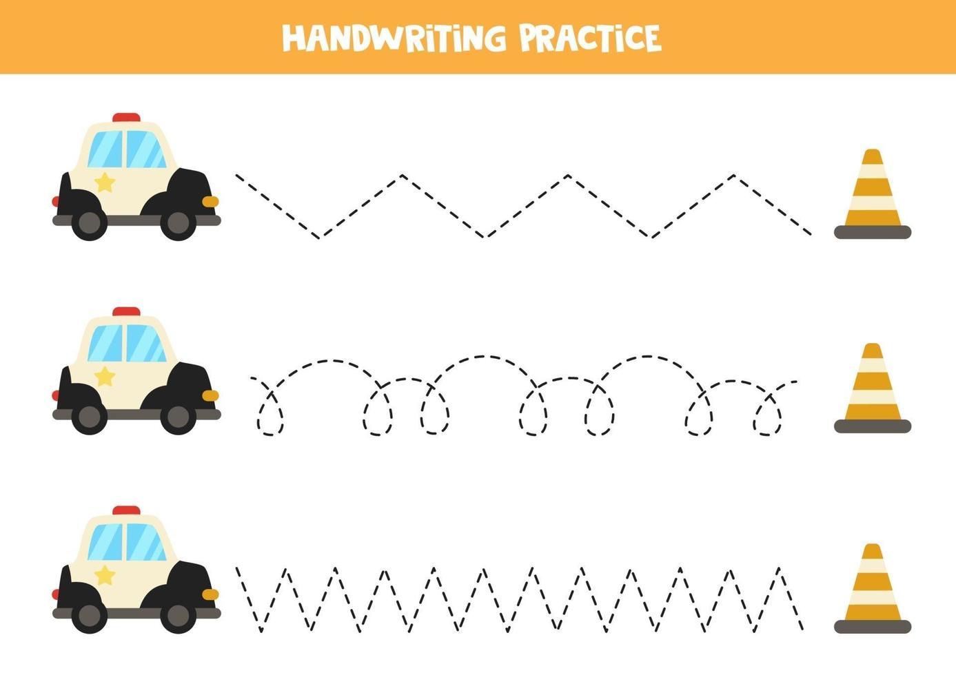 Trace the lines with police car. Writing practice. vector