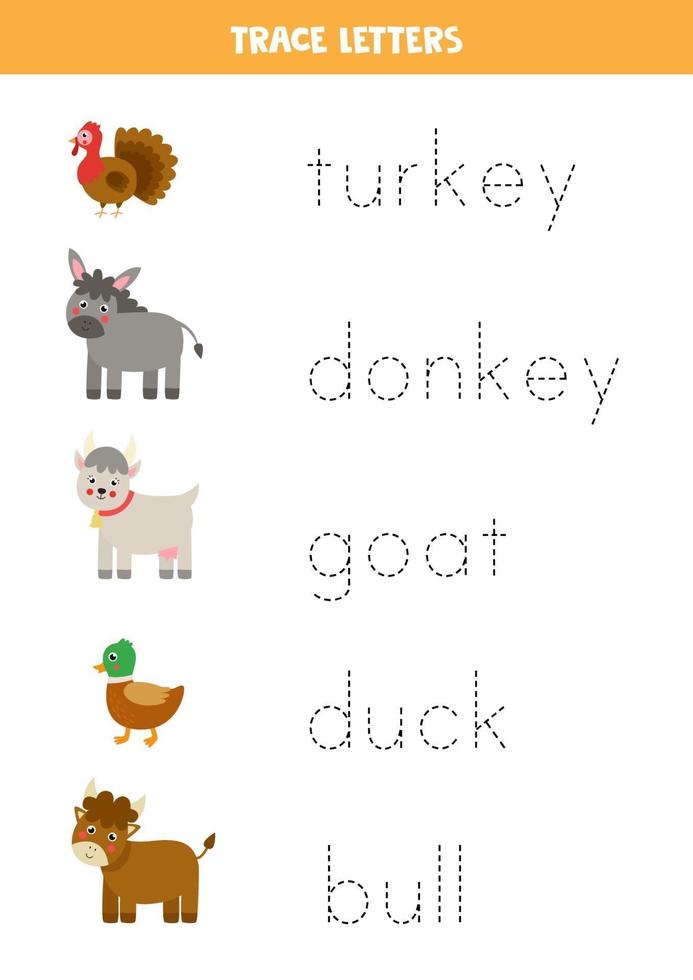 Tracing letters with cute farm animals. Writing practice. vector