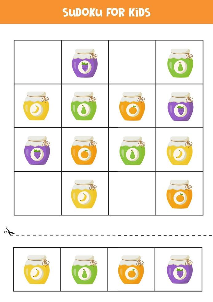 Sudoku game with colorful jam jars with fruits. vector
