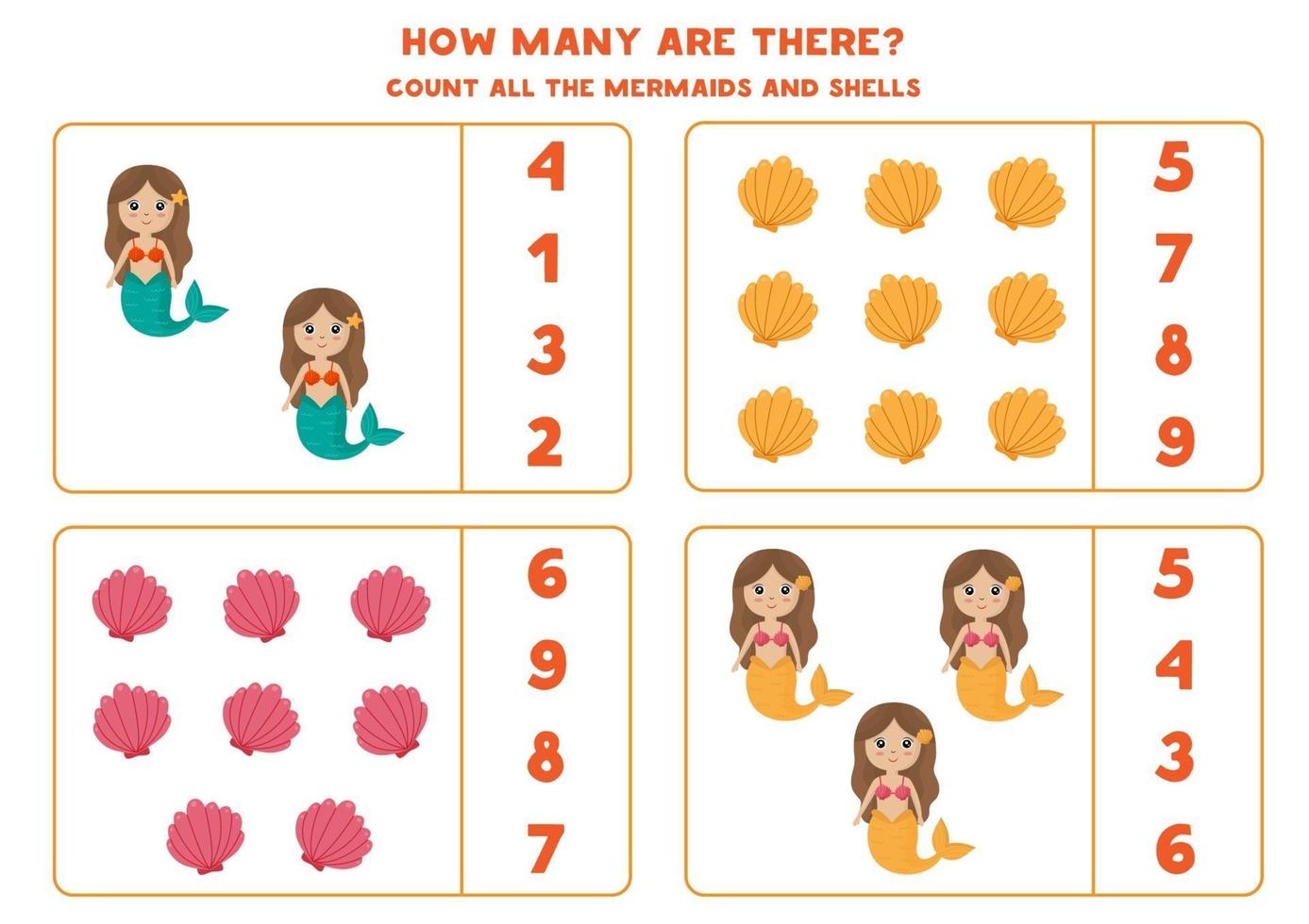 Counting game with mermaids and seashells. Math worksheet. vector