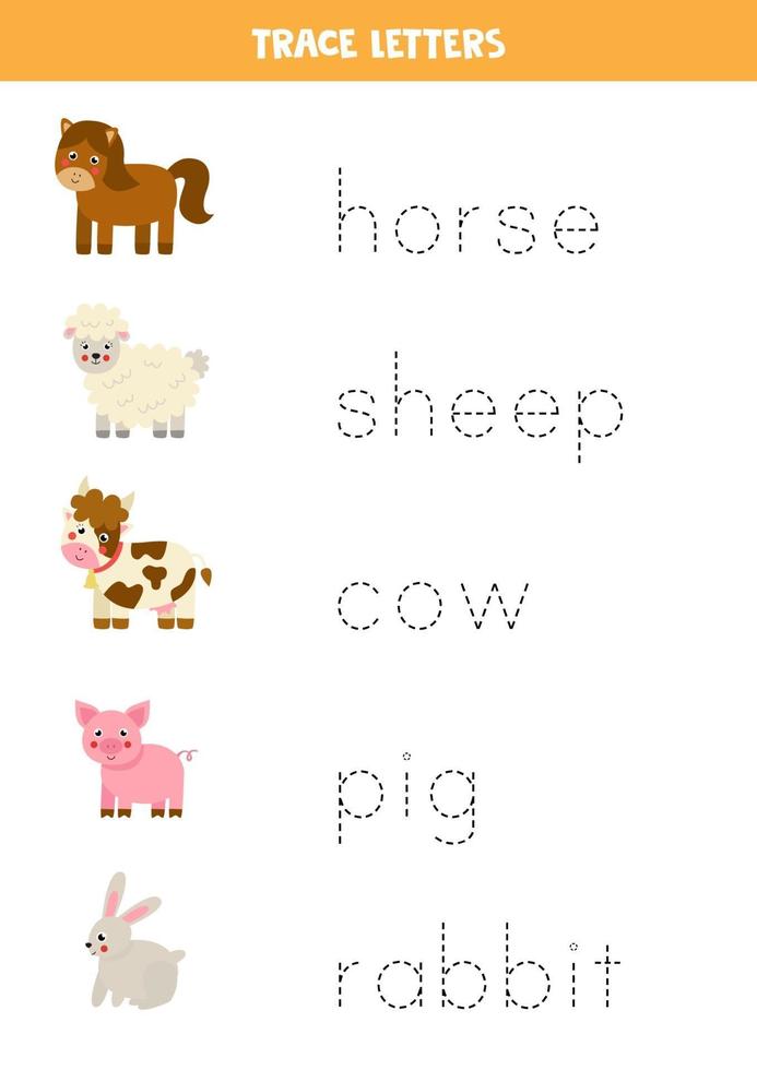 Tracing letters with cute farm animals. Writing practice. vector