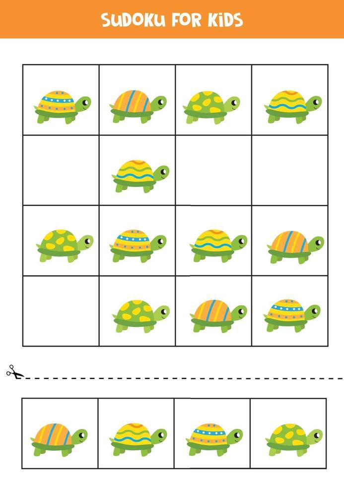 sudoku para niños en edad preescolar. juego de lógica con lindas tortugas de colores. vector