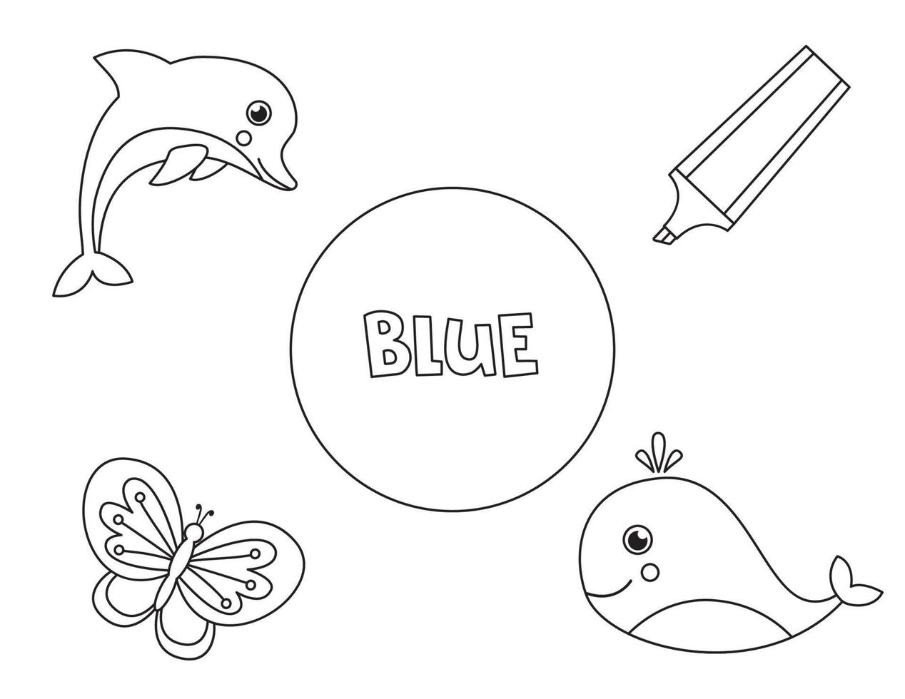 Color all blue objects. Learning basic colors for kids. vector