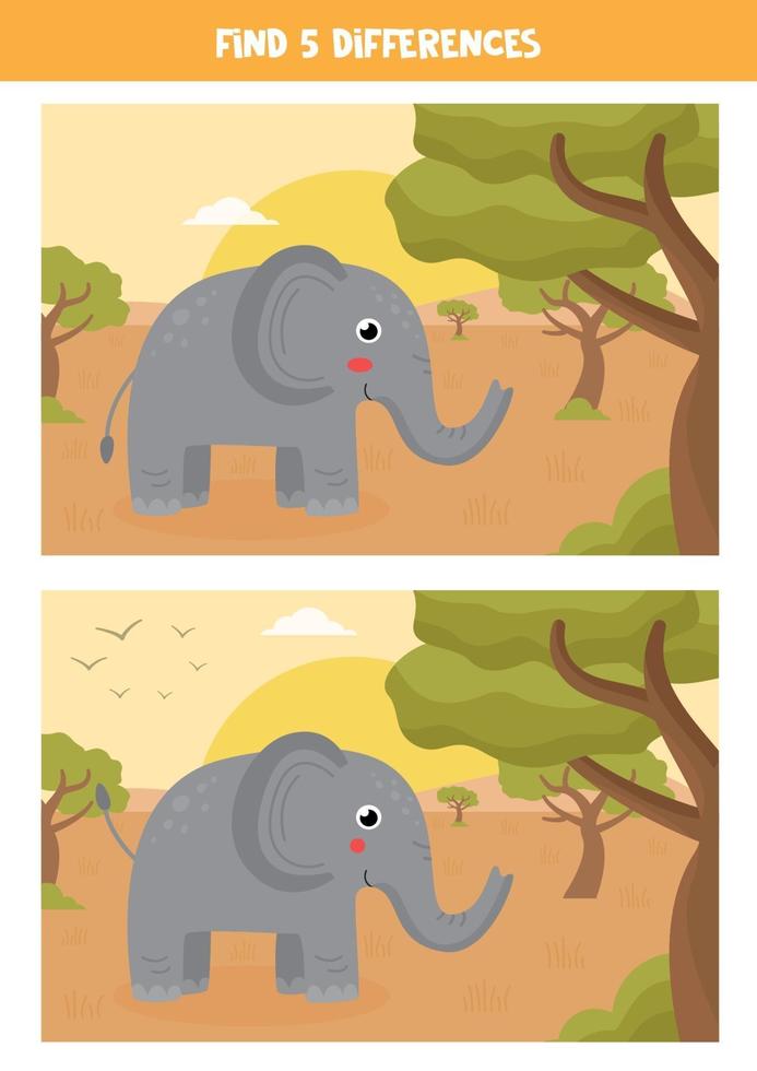 Find 5 differences between two cute elephants. vector