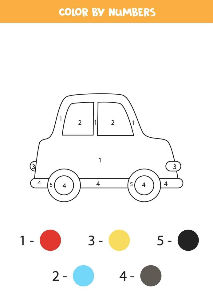 Color cartoon car by numbers. Worksheet for kids. vector