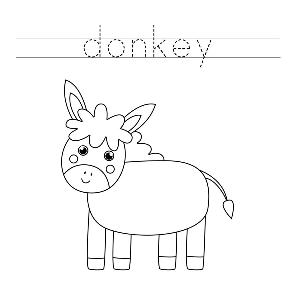 Tracing letters with cute farm donkey. Writing practice. vector