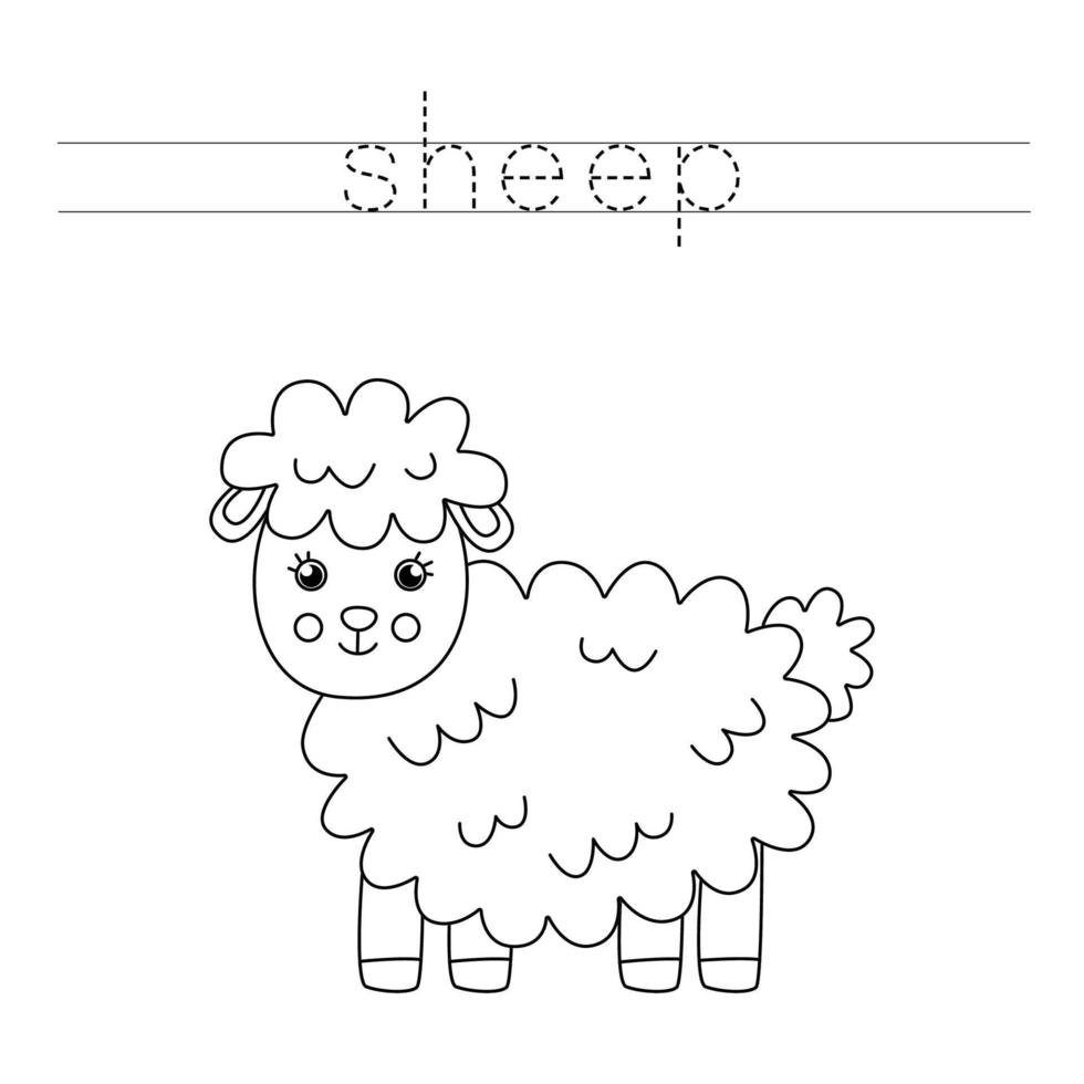 Tracing letters with cute sheep. Writing practice. vector