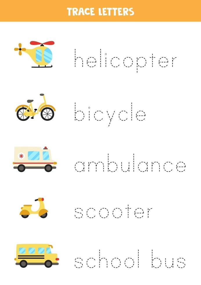 Tracing letters with cartoon transportation means. Writing practice. vector