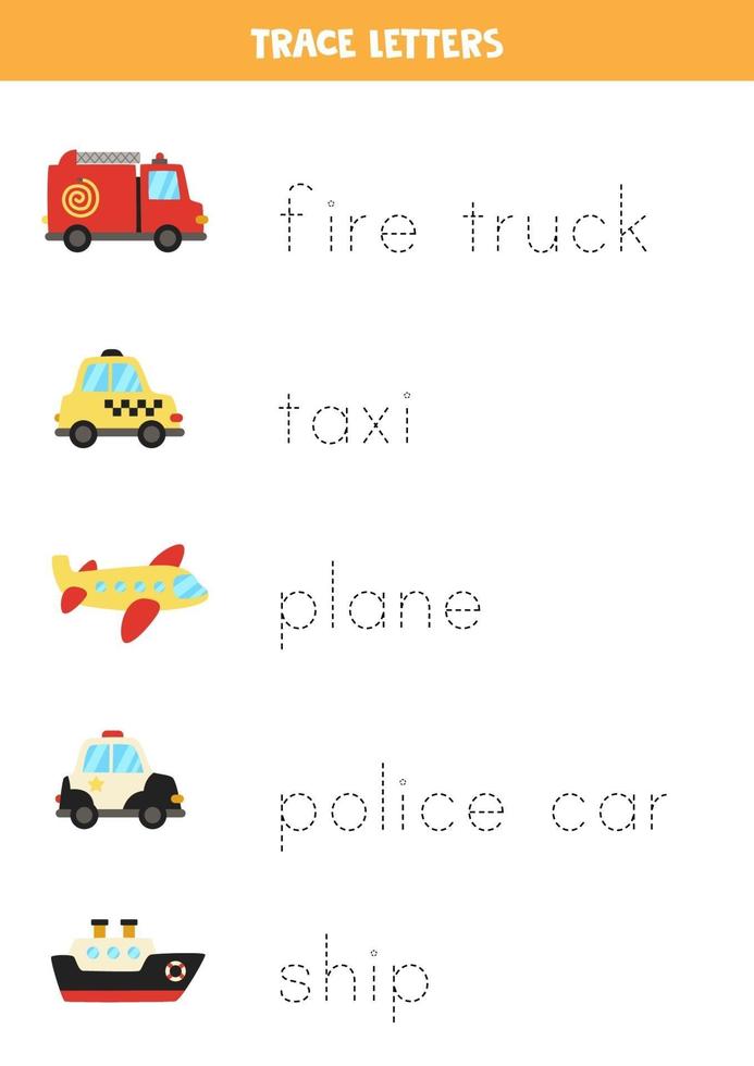 Tracing letters with cartoon transportation means. Writing practice. vector