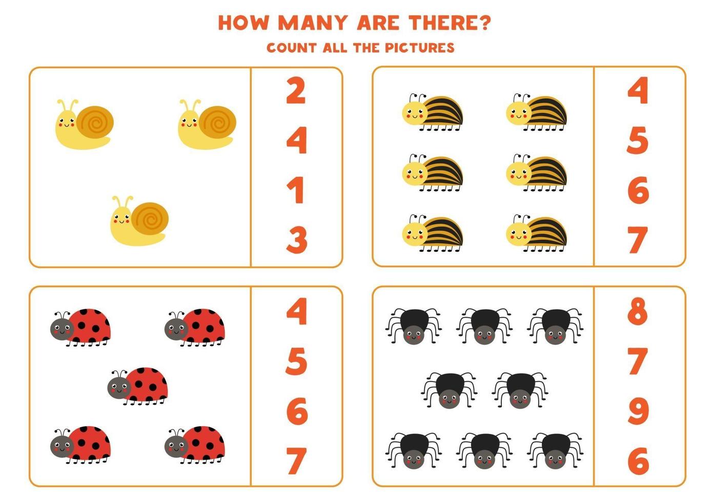 Count all cute insects and circle the correct answers. Math game for kids. vector