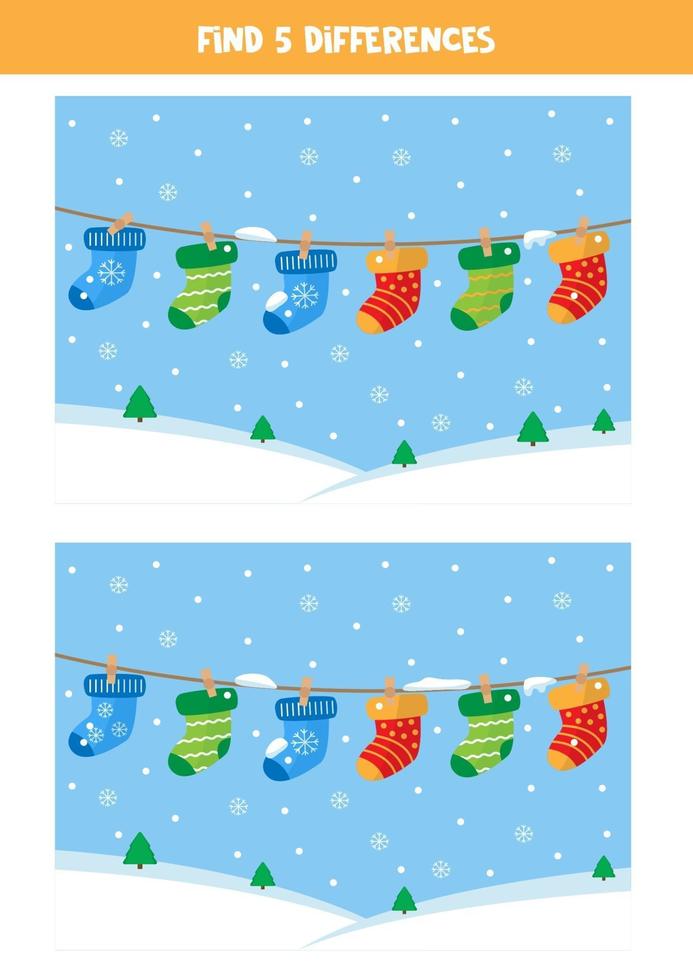 Find 5 differences between two pictures with socks hanging. vector