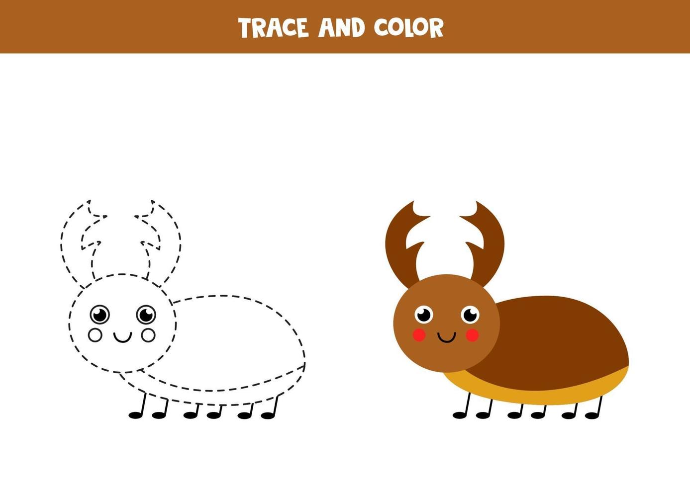 Trace and color cute stag beetle. Worksheet for kids. vector