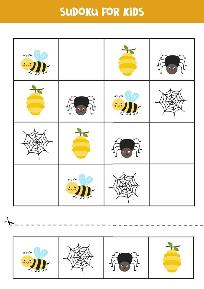 Sudoku game with cute insects. For kids. vector