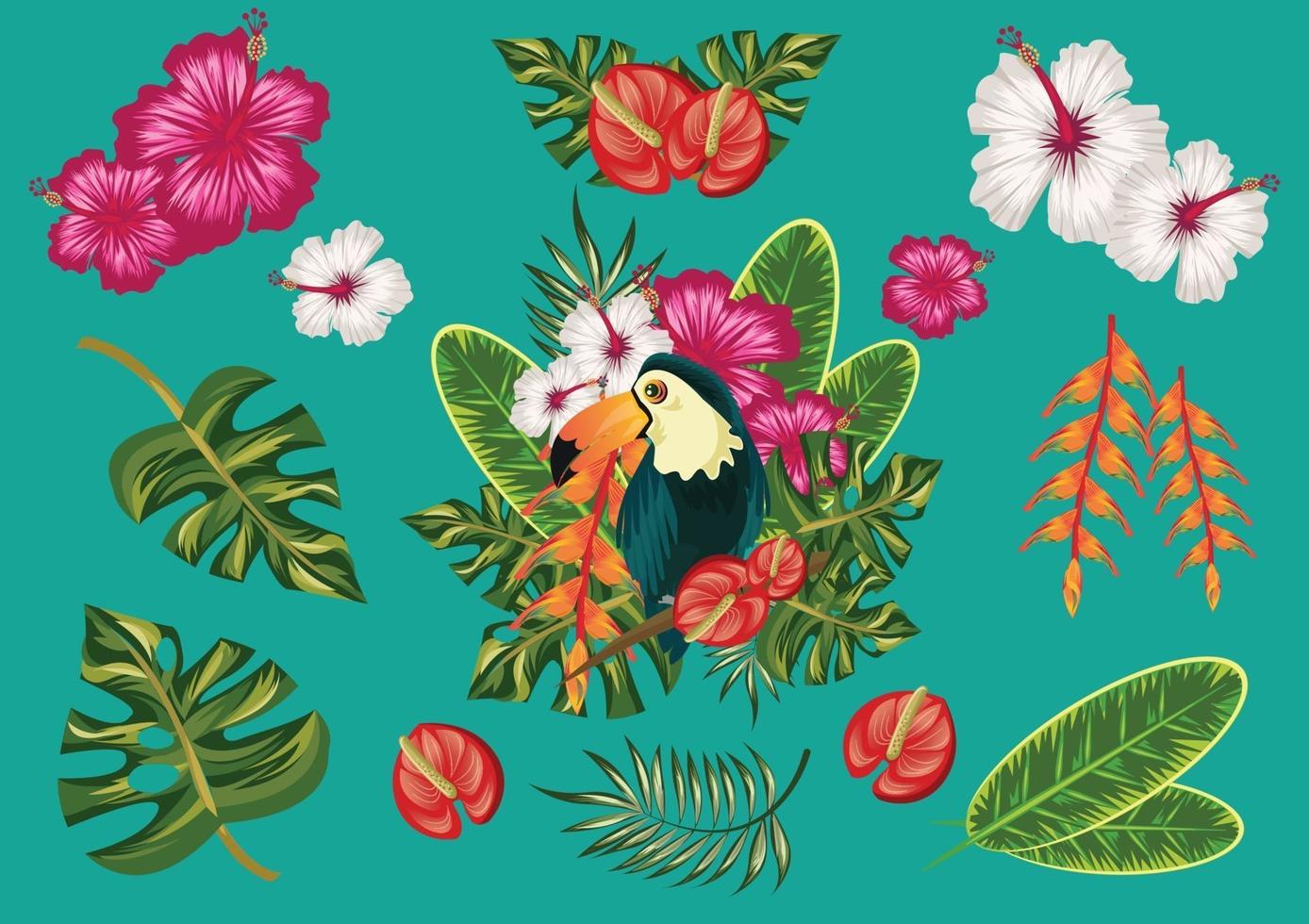 tropical friuts and toucan bird and sunset beach vibe vector