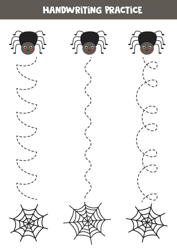 Trace the lines with cute spider and its web. Writing practice. vector