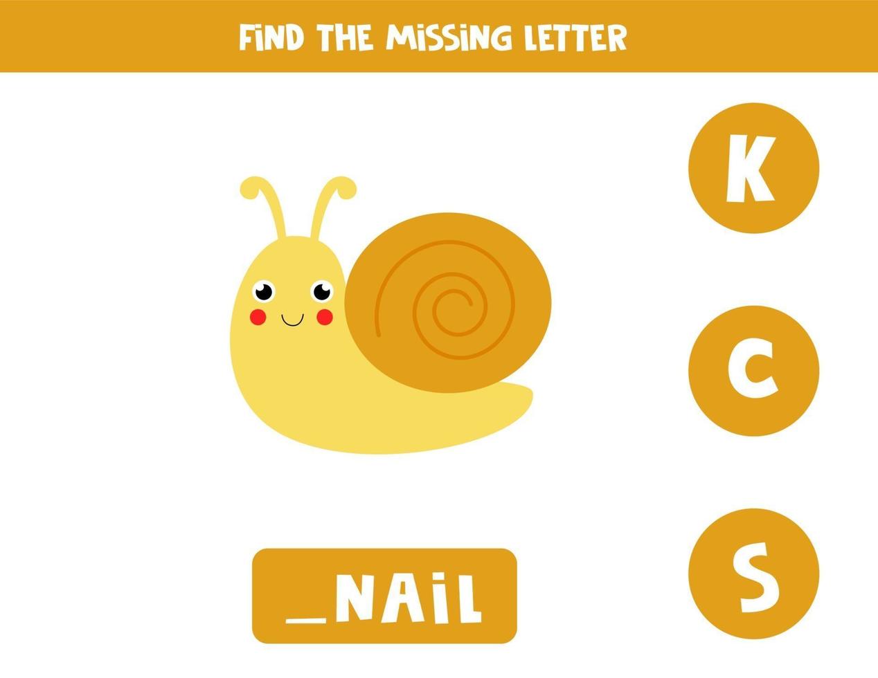 Find missing letter with cute snail. Spelling worksheet. vector