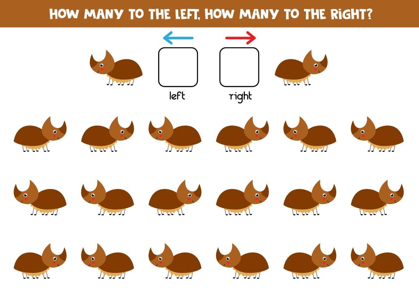 Left or right with rhino beetle. Logical worksheet for preschoolers. vector