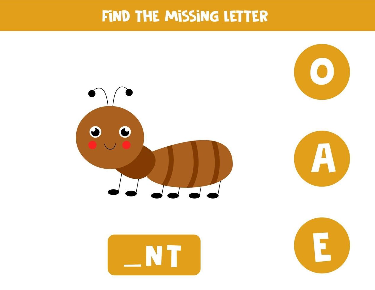 Find missing letter with cute ant. Spelling worksheet. vector