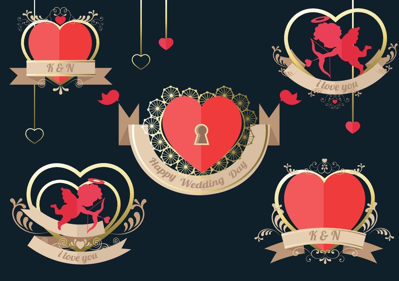 Conjunto de etiquetas de corazón para tarjetas de boda o el día de San Valentín. vector