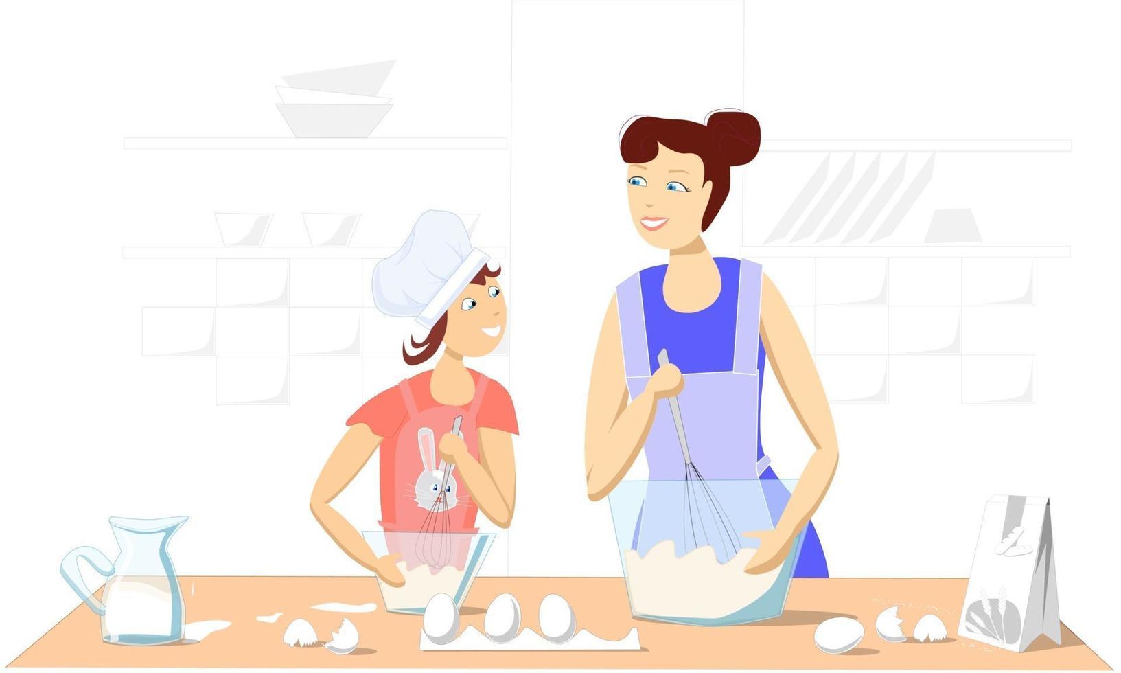 Mom and daughter making pancakes together at home vector
