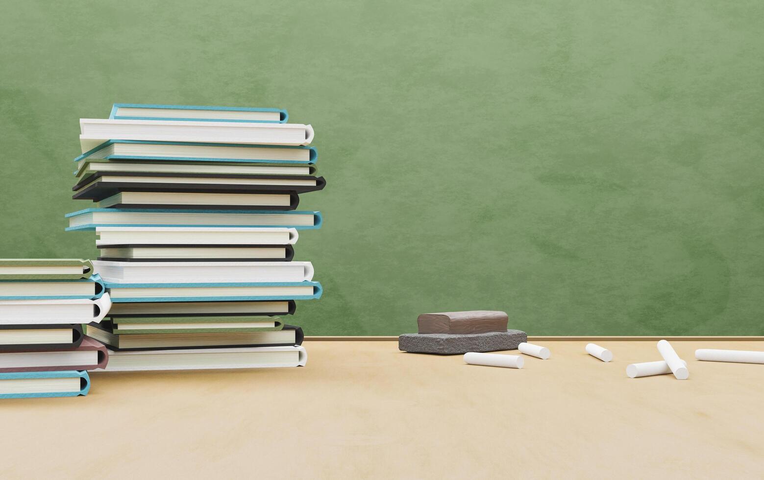 School table full of books with eraser and chalk, 3D rendering photo