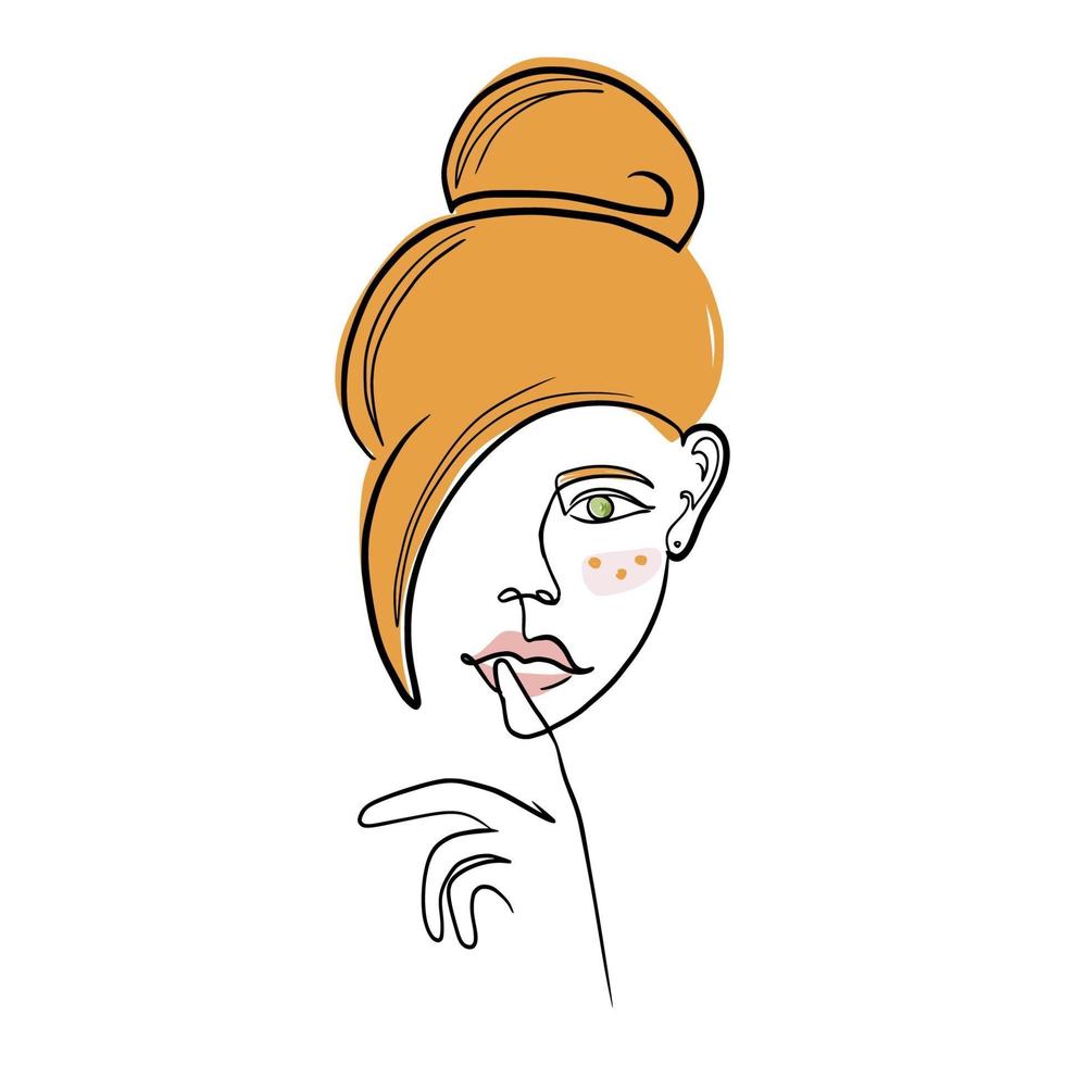 Retrato de mujer hermosa en estilo de línea mínima para logotipo, plantilla de emblema. arte de una línea. Perfil de rostro femenino lineal de moda moderna. Ilustración de vector plano de cara de niña de pelo rojo.