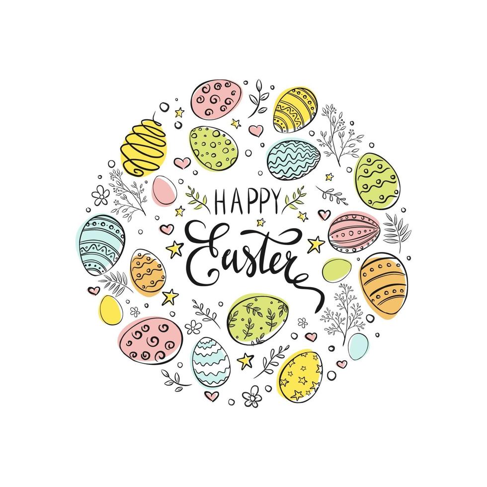 Hand drawn Easter eggs colorful composition on white background. Happy Easter greeting card. Decorative frame from easter eggs in circle shape. Vector illustration