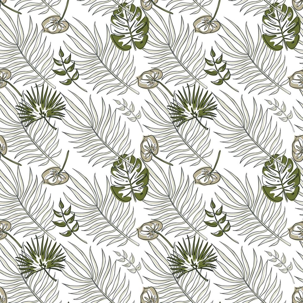 Jungle vector seamless pattern. Tropical leaves in shades of green. One line style art. Trendy summer print. Exotic seamless ornament for background, wrapping paper, fabric, textile, wallpaper.