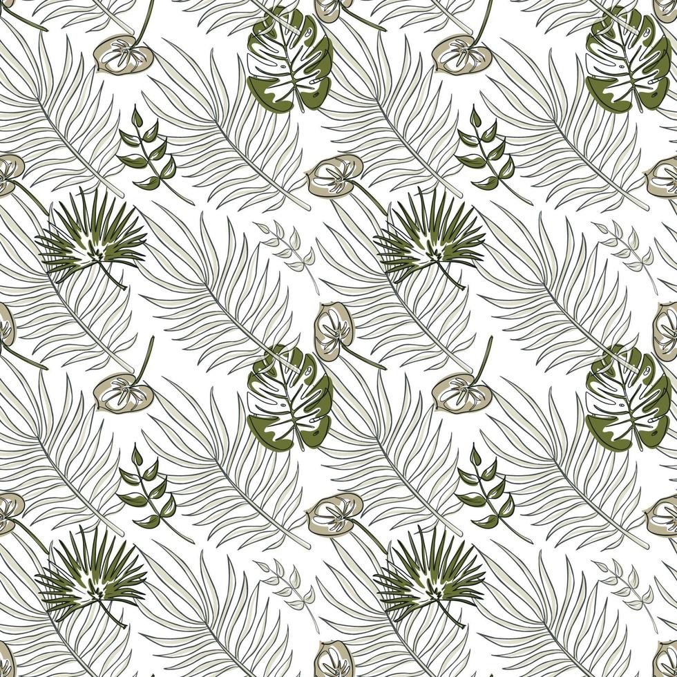 Jungle vector seamless pattern. Tropical leaves in shades of green. One line style art. Trendy summer print. Exotic seamless ornament for background, wrapping paper, fabric, textile, wallpaper.