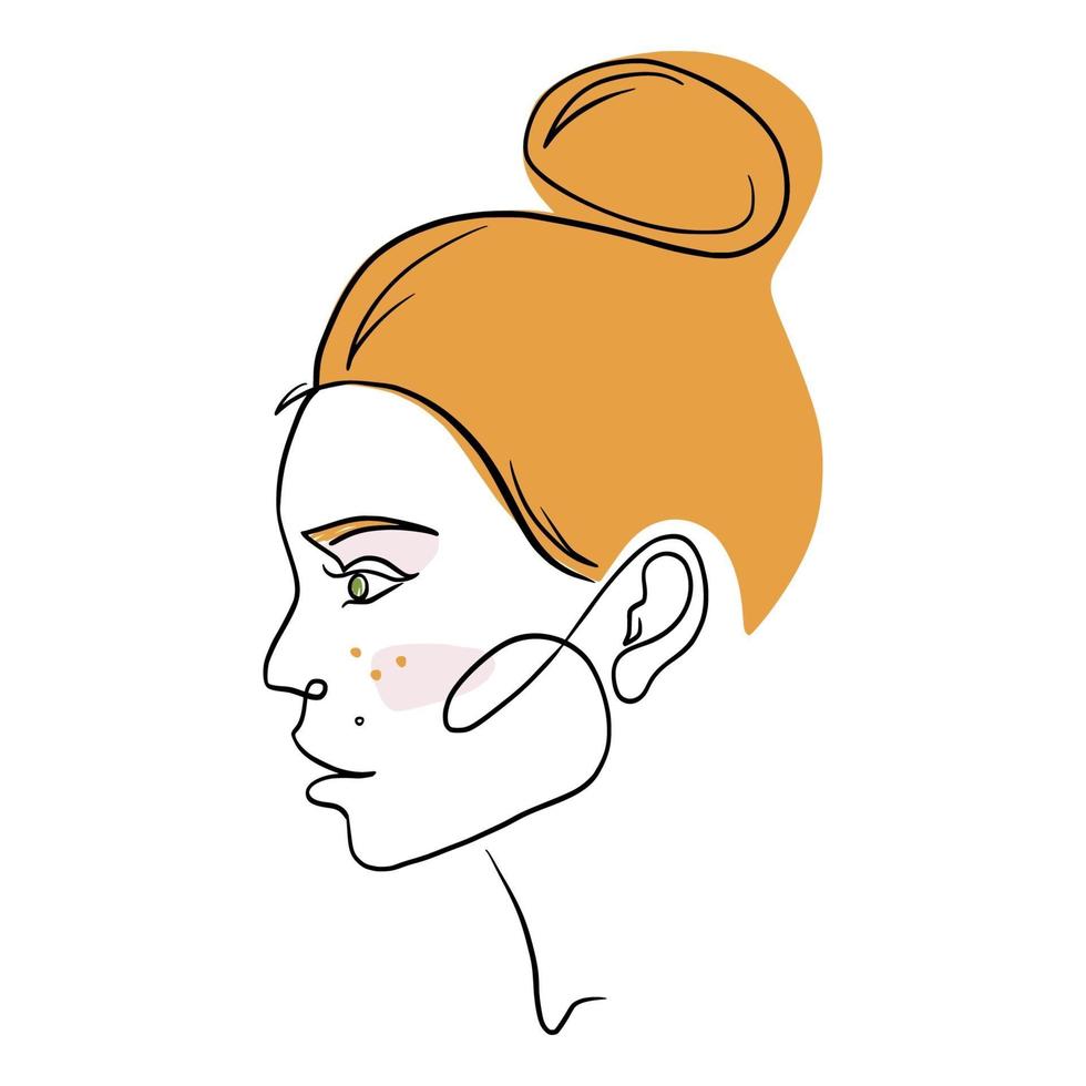 Perfil de mujer hermosa en estilo de arte de una línea para logotipo, plantilla de emblema. retrato femenino lineal minimalista de moda moderna. Ilustración de vector plano de cara de niña de pelo rojo. dibujo de linea continua