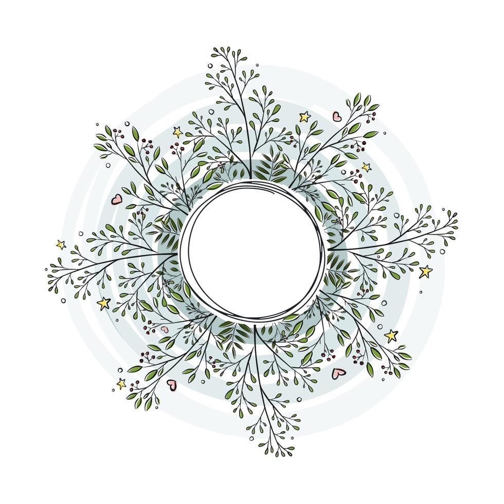 Floral wreath, frame of doodle branches, hand drawn Illustration. Isolated on white background. Flat style. Perfectly for greeting card design, label, background. Vector sticks template