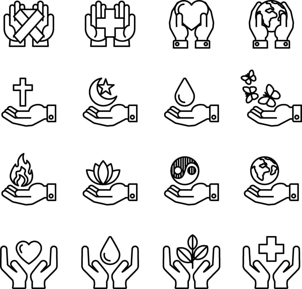 Hands charity donation and peace icon set vector image.