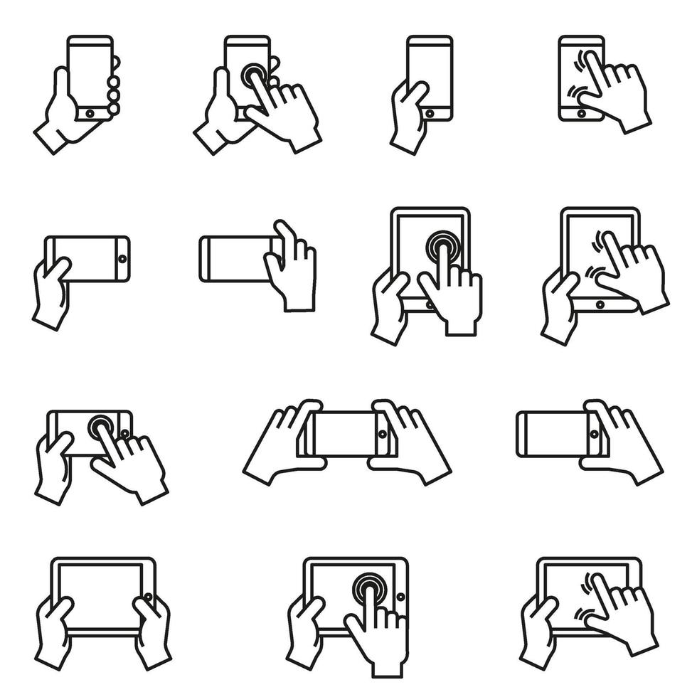 manos sosteniendo la imagen vectorial de conjunto de iconos de teléfono inteligente y tableta. vector