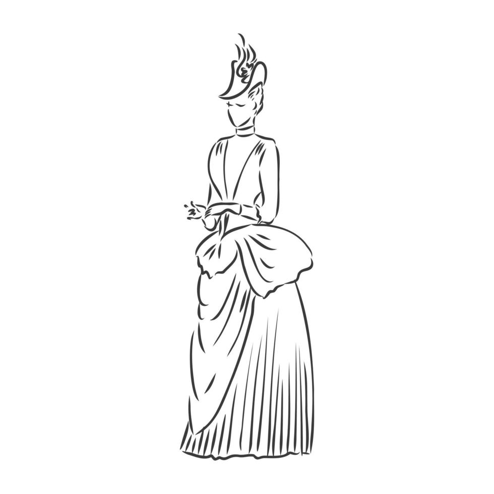 dama vestida antigua. Ilustración de vector de moda antigua. mujer victoriana en traje histórico. dibujo estilizado vintage, estilo retro grabado en madera. vestido retro, dibujo vectorial sobre fondo blanco