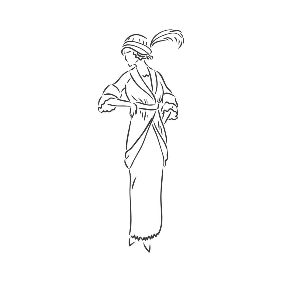 Antique dressed lady. Old fashion vector illustration. Victorian woman in historical dress. Vintage stylized drawing, retro woodcut style. retro dress, vector sketch on white background