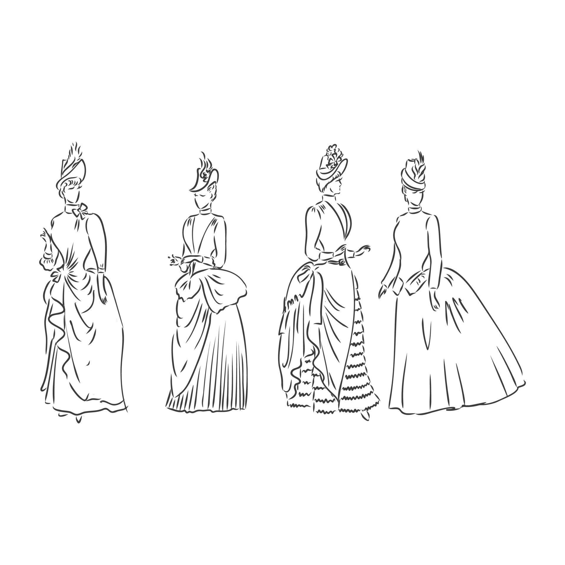 Antique dressed lady. Old fashion vector illustration. Victorian woman