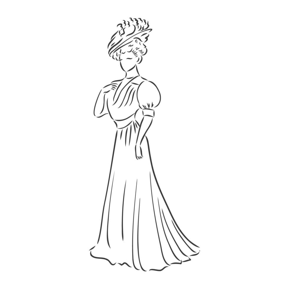 dama vestida antigua. Ilustración de vector de moda antigua. mujer victoriana en traje histórico. dibujo estilizado vintage, estilo retro grabado en madera. vestido retro, dibujo vectorial sobre fondo blanco