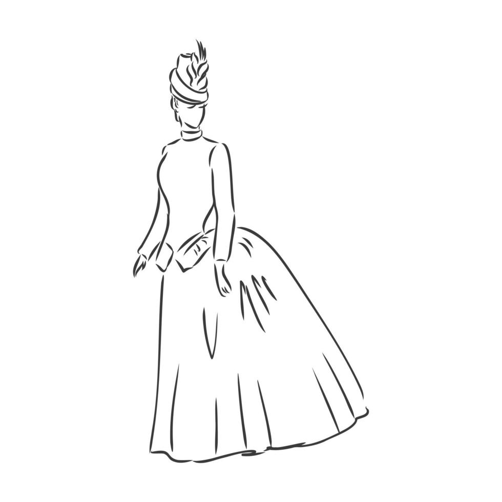 Antique dressed lady. Old fashion vector illustration. Victorian woman in historical dress. Vintage stylized drawing, retro woodcut style. retro dress, vector sketch on white background