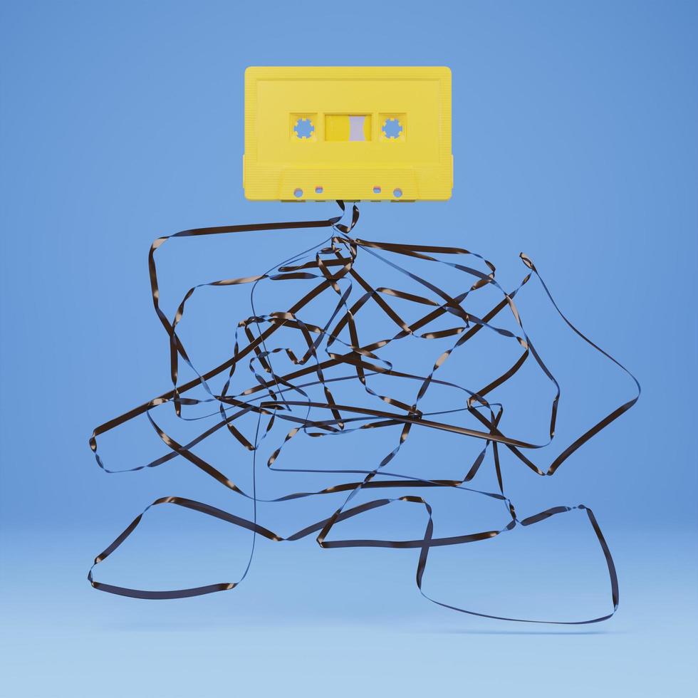 Cassette amarillo antiguo con la cinta enredada debajo, representación 3D foto