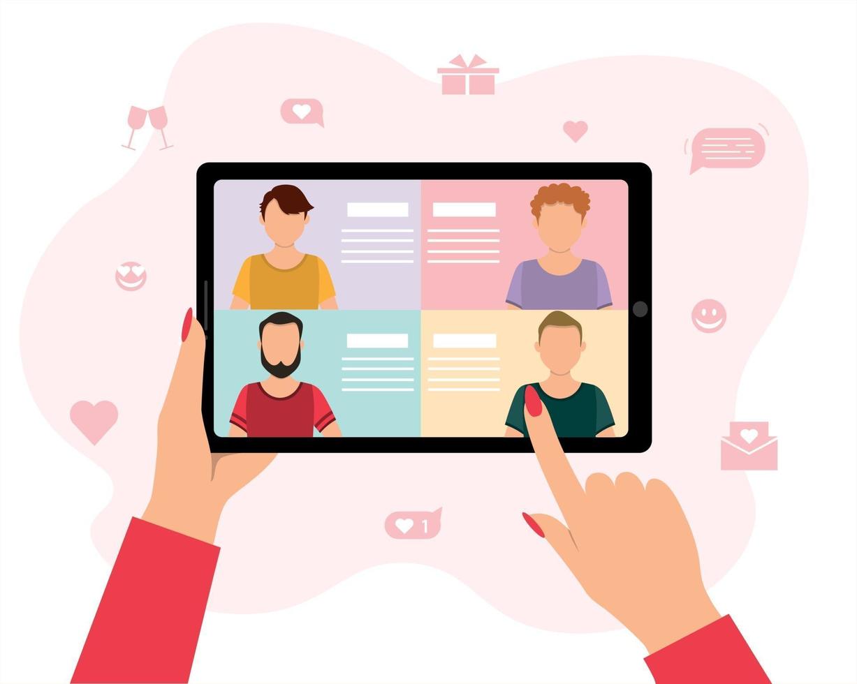 Social distancing and love in the Internet. online dating service with the concept of long-distance relationships, a woman's hand holding a tablet and choosing men on a virtual love app, flat vector illustration.