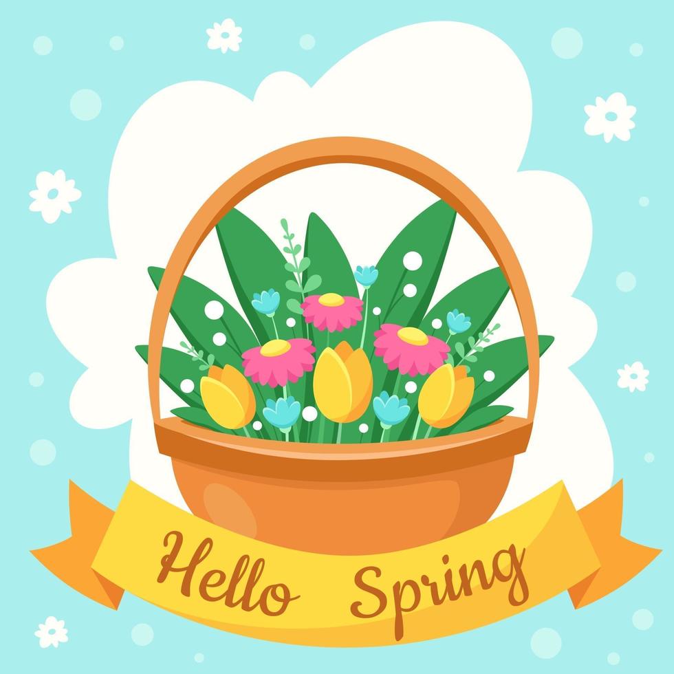 Hello Spring greeting card. Basket with spring flowers. Vector illustration