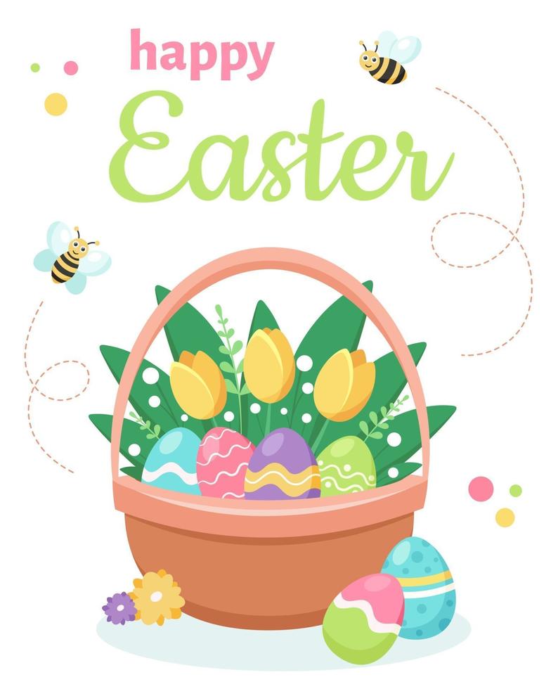 Happy Easter greeting card. Basket with Easter eggs and flowers. Vector illustration