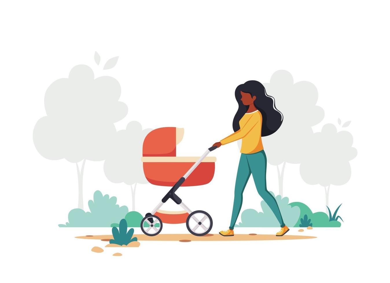Black woman walking with baby carriage. Outdoor activity. Vector illustration.Print