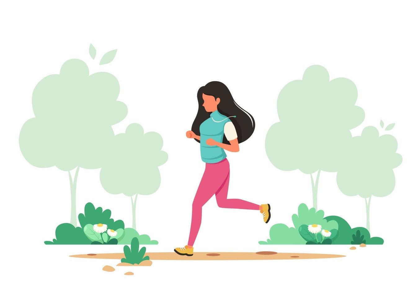 Woman jogging in spring park. Healthy lifestyle, sport, outdoor activity concept. Vector illustration.